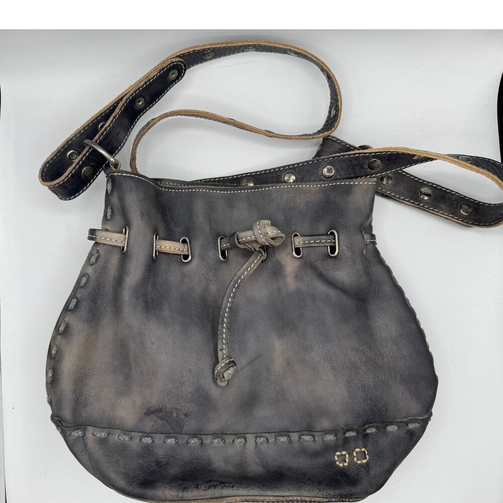 BED STU Distressed Leather Bucket Bag Gray Black Drawstring Crossbody 13"